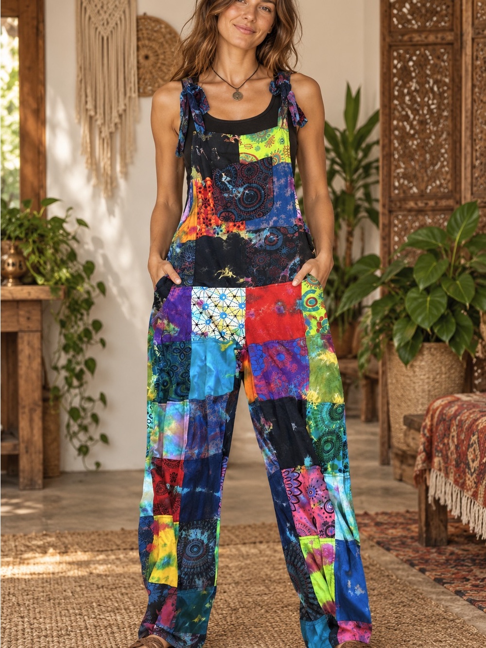 EARTHBOUND Multicolor Patchwork Overalls (090678) ☮️ ☀️